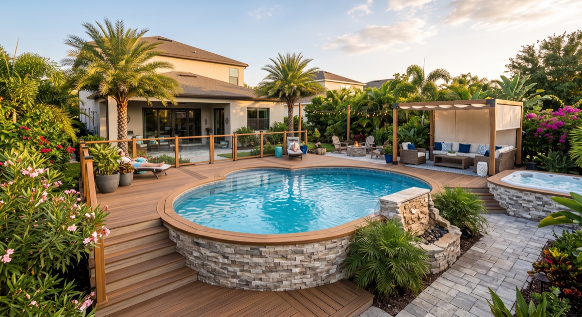 Above-ground pool wrapped in a composite deck with a pergola and palms at sunset.