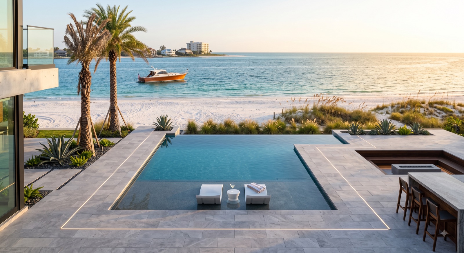 Infinity-edge pool and sun shelf on a Gulf-front deck looking out over the beach.