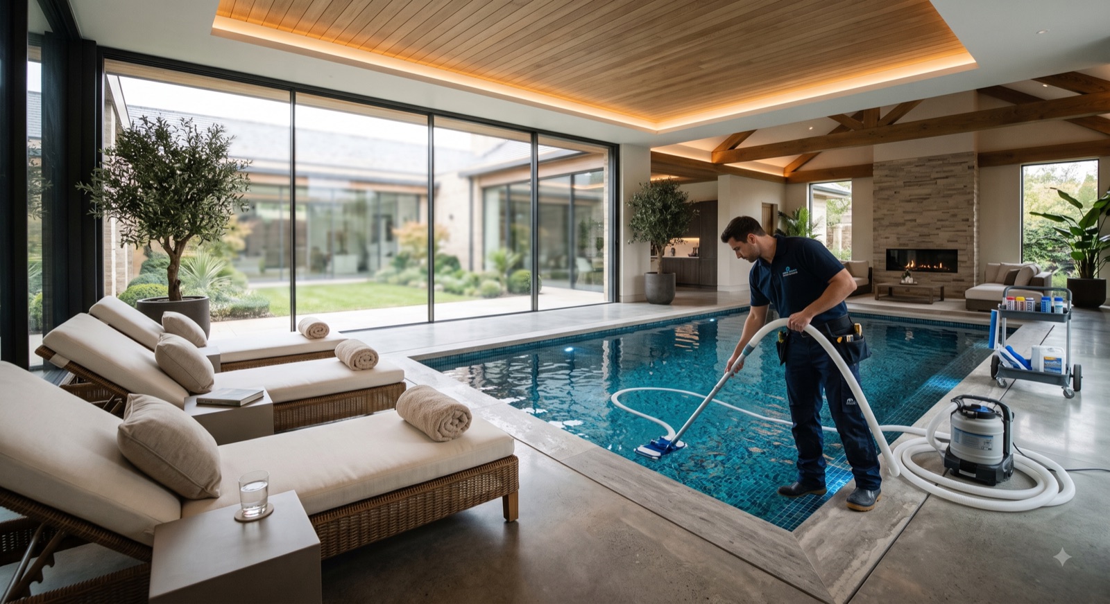 Service technician vacuuming an indoor pool beside loungers and a fireplace.