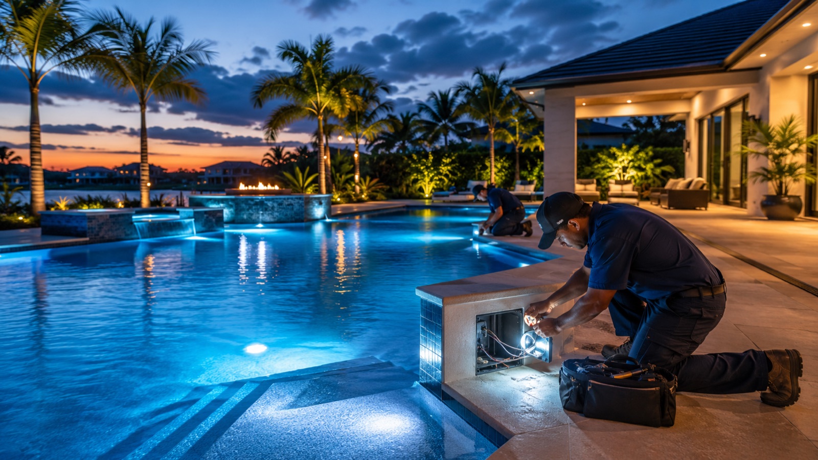 Technician wiring a pool light at dusk while the pool and spa glow blue behind him.