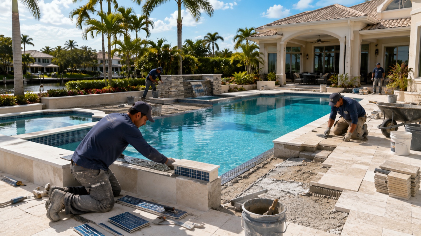 Crew setting waterline tile and travertine deck pavers around a pool mid-remodel.