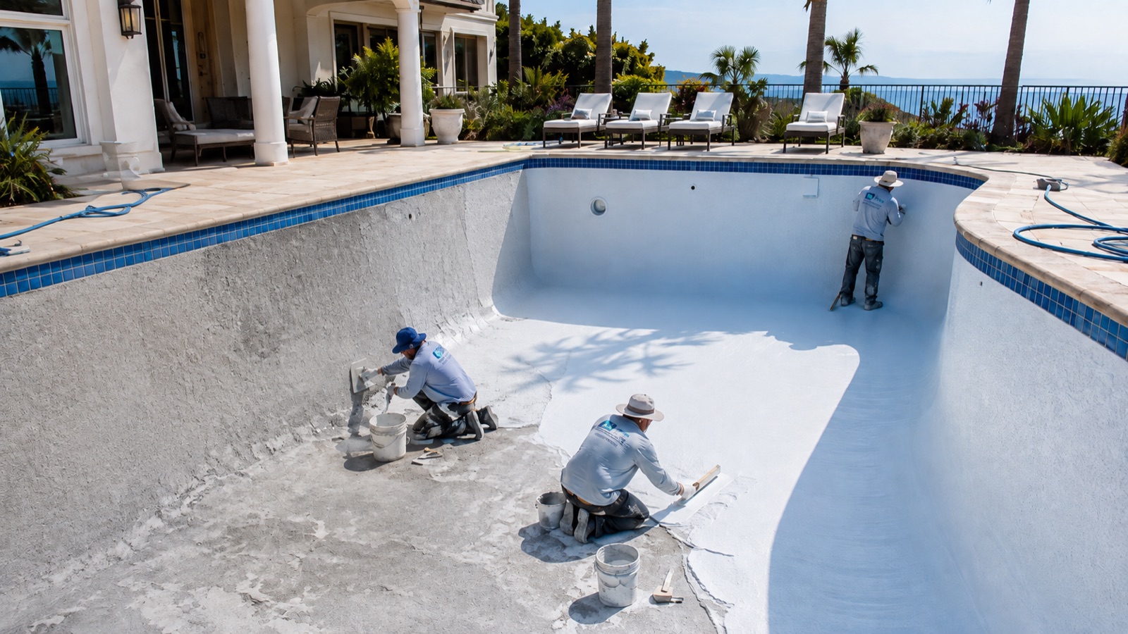 Crew troweling fresh plaster onto the walls and floor of a drained pool.