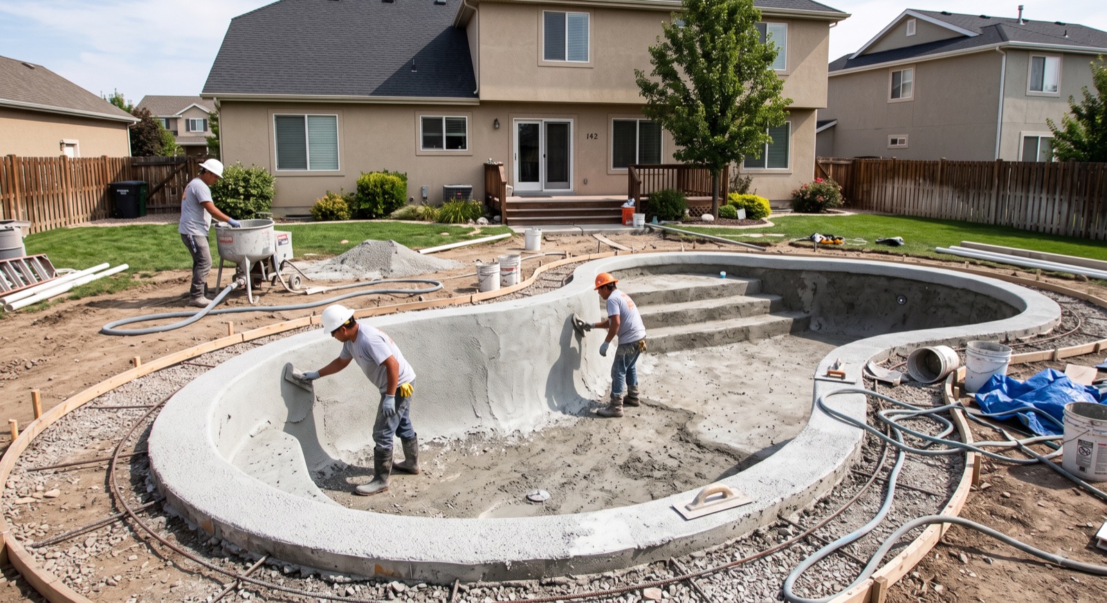 Crew finishing the gunite shell of a new pool, with steps and benches formed in the rough deck.