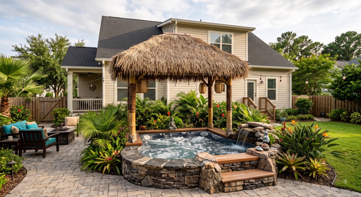 Raised stone spa under a thatched tiki hut, surrounded by tropical planting.