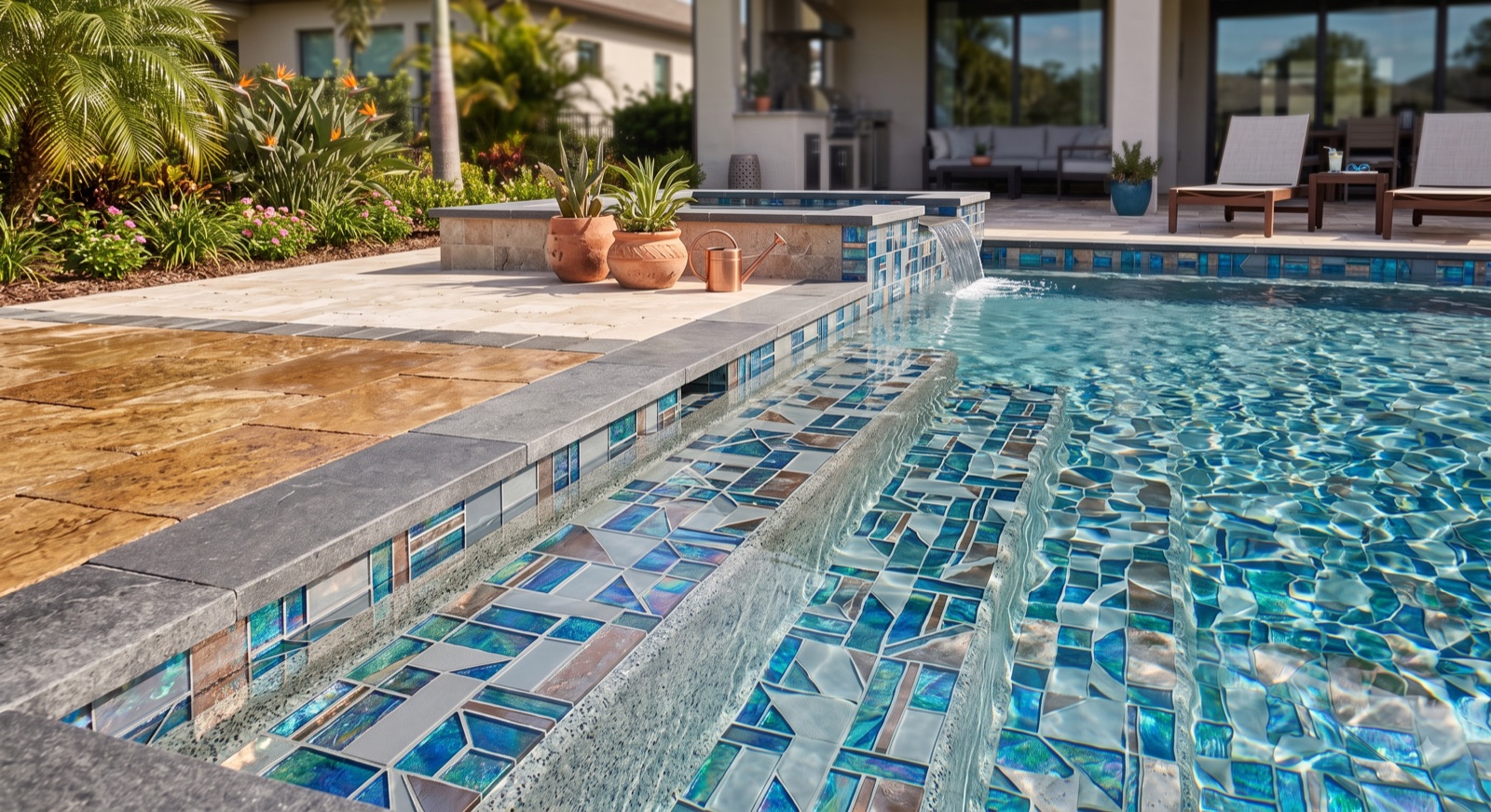 Iridescent glass mosaic waterline tile and bluestone coping running into a sun shelf.